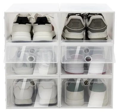 Image de Rangement de chaussures - Boîtes à chaussures empilables - Lot de 24 - 33x23x14 cm - Couvercle transparent - Pliable - Plastique PP - Blanc