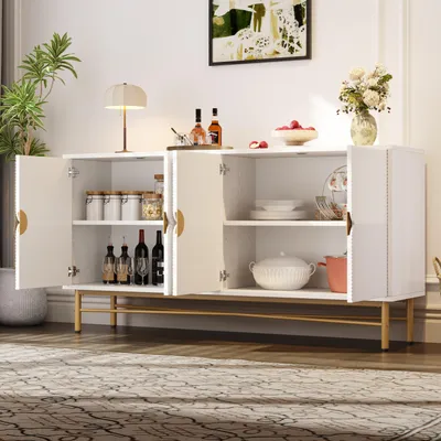 Immagine prodotto di Flieks cassettiera per soggiorno credenza a 4 ante, credenza contenitore con gambe lucide, 160x40x82 cm, bianco
