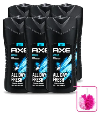 Imagen del producto de 6 unidades de gel de ducha Axe 3 en 1, aroma Apollo con salvia y cedro, 400 ml cada uno. Paquete económico