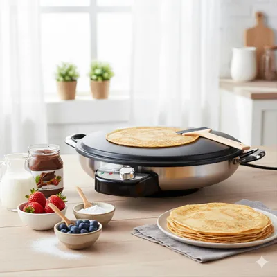 Produktbild von Fladenbäcker Leistungsstarker Crêpes Maker mit Edelstahlgriffen, Backfläche und Temperaturregler inklusive Thermostat KE1005
