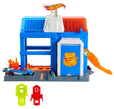Produktbild von Hot Wheels City Downtown Polizeistation-Spielset und Die-Cast-Polizeispielzeugauto im Maßstab 1:64, Fahrzeug- & Schienen-Set, 3 Jahr(e), Kunststoff, Mehrfarbig