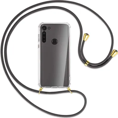 Produktbild von Handykette Backcover-Schutzhülle mit Band (Metall goldfarben) für Motorola Moto G8 - dunkelgrau