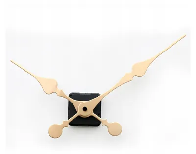 A close-up shot of clock hands and the quartz movement mechanism against a white background.