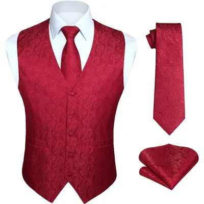 Productafbeelding van Herenset: vest, das, en zakdoek, rood, jacquard, bloemenprint, maat S
