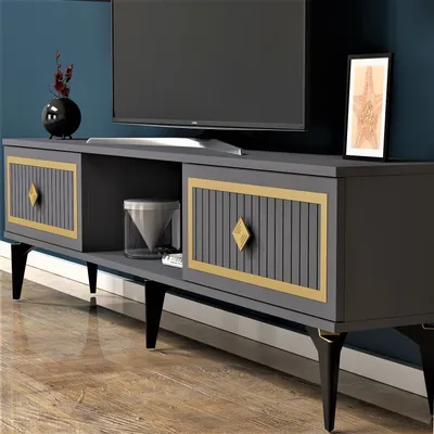 Zdjęcie produktu dla Skye Decor, Nil - Anthracite, Gold, stolik pod telewizor, antracyt, 100% PŁYTA POWLEKANA MELAMINĄ, 150 x 29,6 x 44,6 cm