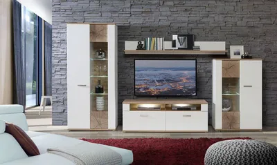 Image de Meuble mural 318 cm, ensemble de 4 éléments avec vitrines, chêne blanc planché, style moderne