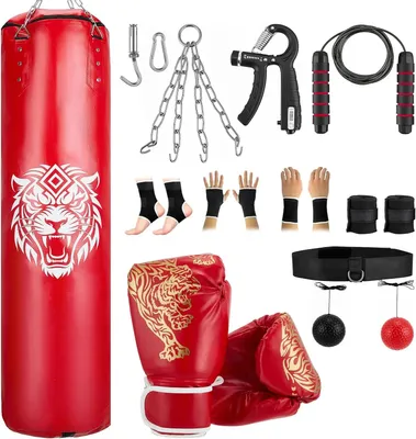 Produktbild von Boxsack Set - 120 cm Heavy Bag für Erwachsene - Kunstleder - 12 oz Boxhandschuhe - MMA Muay Thai Kickboxen Training - Home Gym - Rot