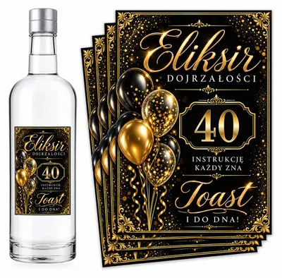 Produktbild von Flaschenetiketten – zum 40. Geburtstag – „Eliksir Dojrzałości” – Schwarz-Gold – 8 Stück