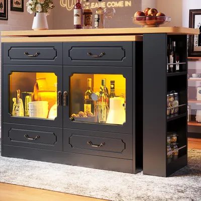Productafbeelding van Uitschuifbare bartafel met opbergruimte, 135–203 × 39 × 92,8 cm, zwart en naturel, MDF, LED-verlichting, 360° draaibaar, 4 lades