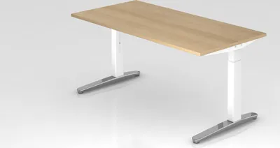 Produktbild von Schreibtisch Mika | Eiche | Weißes Gestell poliert | BxT 160x80cm | Arbeitshöhe 65-85cm | höhenjustierbar, 1cm Raster | C-Fuß-Gestell | Rechteckform