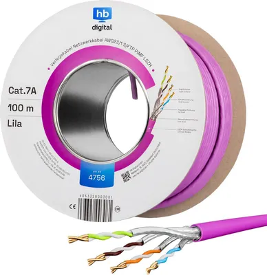 Produktbild von hb-digital CAT 7a Verlegekabel Ethernet 100m Datenkabel Installationskabel max. 1200 MHz S/FTP AWG23 LSZH lila