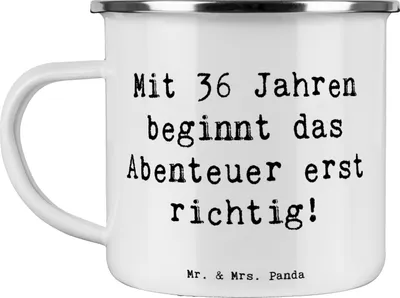 Produktbild von Mr. & Mrs. Panda Emaille Tasse Spruch 36. Geburtstag Abenteuer - Weiß - Geschenk, unvergesslich, liebevoll handgefertigt, Teetasse, Haferl, Glückwunsch, Optimismus, Mut