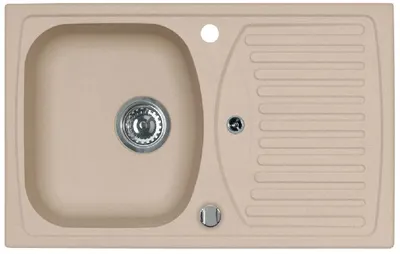 A top-down view of a beige kitchen sink with a drainboard.