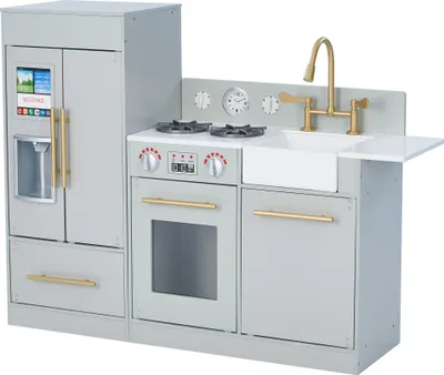 Produktbild von Teamson Kids Little Chef Charlotte Moderne modulare Spielküche aus Holz mit realistischem Kühlschrank, Herd und Spüle, Grau/Gold