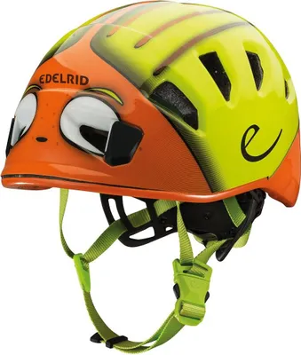 Kletterhelm "Kids Shield II" von Edelrid in Orange und Gelb mit kindgerechtem Design und verstellbarem Kinnriemen.