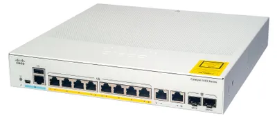 Produktbild von Cisco CAT1000L 10Port fixed managed L2 Switch: - 8x10/100/1000 Base-T (RJ45), without PoE, - 2x1GE SFP/RJ45 combo uplinks, external PWR-ADPT-18W=, - 20Gbps switching Bandwidth, WebUI, USB-A, USB mini-B, - fanless, external Bluetooth dongle plugs into USB p