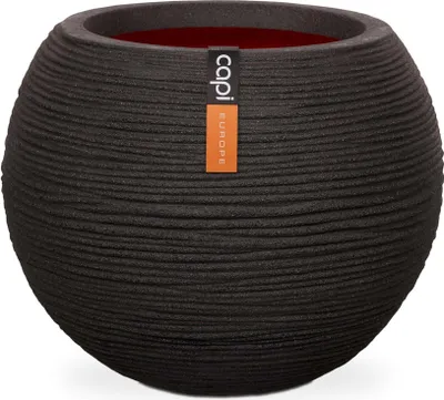 A dark gray, spherical planter with a textured, ribbed surface and a red interior. A small orange tag with black text is attached to the front.