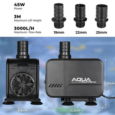 Zdjęcie produktu dla Pompa zanurzeniowa - pompa do fontann - 45 W, przepływ 3000 l/h - wysokość podnoszenia do 3 m - regulowana wydajność - cicha - do akwarium i stawu - 3 dysze