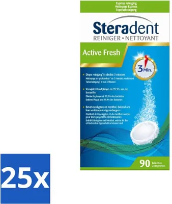 Obrázek produktu pro Steradent – čistič zubních protéz – aktivní osvěžení – mentol a eukalyptus – 90 tablet – výhodné balení – 25 kusů