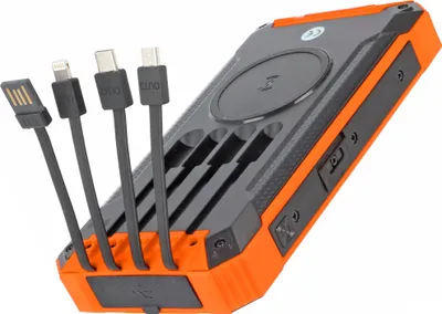 Zdjęcie produktu dla power bank 20000 mAh z 4 kablami do ładowania, funkcją ładowania QI, panelem słonecznym i lampką LED