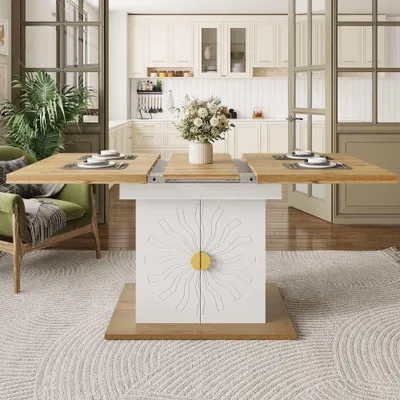 Productafbeelding van Moderne uitschuifbare eettafel met opbergruimte en zonnerelief-houtfineer, geschikt voor keuken en woonkamer, 110(140) x 70 x 76 cm