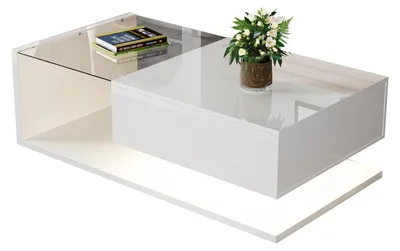 Image de Table basse - Table de salon - Finition brillante - Éclairage LED - Plateau en verre - Avec espace de rangement - 105 × 55 × 32,5 cm - Blanc