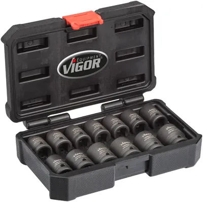 Image de VIGOR Jeu de clés à douille à chocs courtes V5550S carré creux 12,5 mm (1/2 pouce) profil extérieur hexagonal 10 - 24 13 pièces