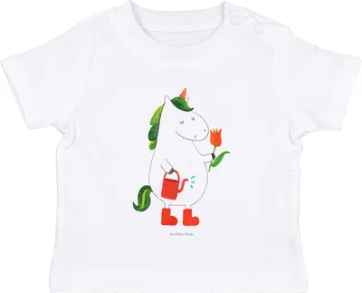 Produktbild von Mr. & Mrs. Panda  T-Shirt Einhorn Gärtner 0. - 6. Monat - Weiß - Geschenk, Stiefel, Einhörner, Garten, Baby Kurzarmshirt, Öko, Unicorn, Babyshirt, Blume, Gießkanne