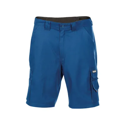 A pair of blue cargo shorts on a white background.