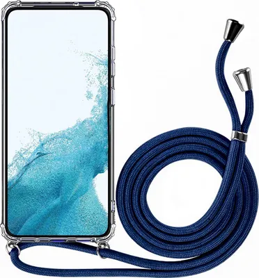 A clear phone case with a blue lanyard attached, shown against a white background.