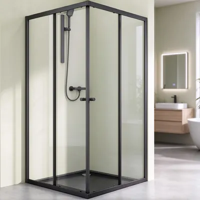 Produktbild von Mai & Mai Duschkabine mit Doppel-Schiebetür 80x80cm Eckeinstieg Echtglas Lotuseffekt ESG-Sicherheitsglas Ravenna16K Schwarz