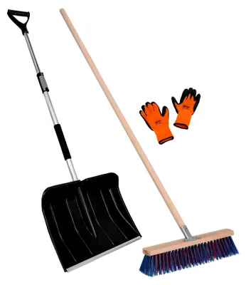 Produktbild von ® Set Schneeschaufel mit Teleskopstiel 84-118 cm Straßenbesen 43 cm + Handschuhe Schneeschieber Snow Shovel Gartenbesen mit Stiel draußen Schneeschaufel Auto zur Schneeräumung
