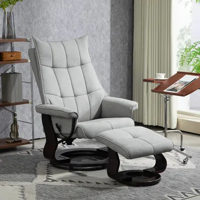 Produktbild von Relaxsessel mit Hocker, drehbar 360°, Samtbezug, verstellbare Rückenlehne 135°, Grau | 81 x 87 x 113 cm | bis 150 kg | Holzgestell
