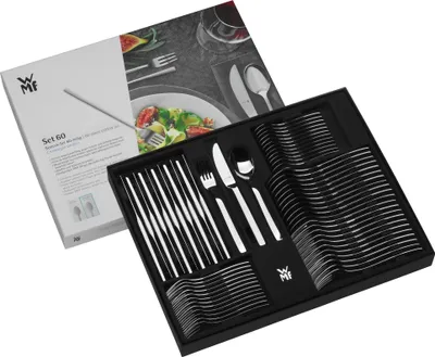 A set of cutlery is displayed in its packaging, with the lid open to reveal the contents.