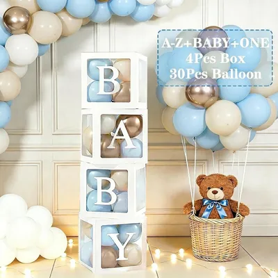 Immagine prodotto di Set di scatole a forma di palloncino per festa di nascita di un bambino, composto da 4 scatole contenenti 30 palloncini (blu, bianco, oro) e 33 lettere