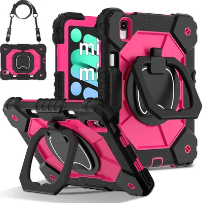 Image de Étui pour iPad mini 2024/iPad mini 2021 Étui protecteur portable durable avec support, dragonne et bandoulière Noir Rose
