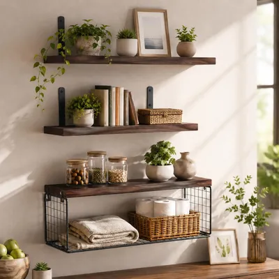 Produktbild von MODFU Wandregal Holz, Regal Wand, Dekorativ Regale für Wände, Tiefe 13.97cm, Länge 41.91cm Wandboard für Wohnzimmer, Schlafzimmer, Badezimmer, Küche, Büro Dunkelbraun