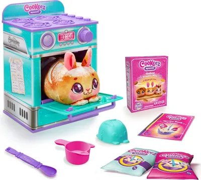 A toy oven set with a plush toy bread character and accessories.
