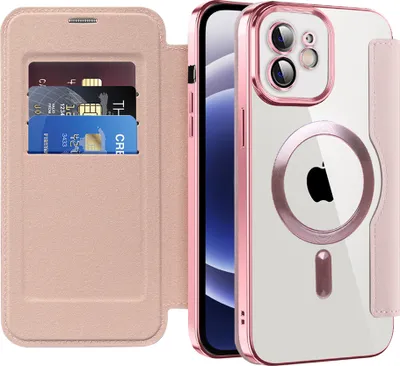 Immagine prodotto di Custodia per iPhone 12 compatibile con MagSafe, custodia trasparente con portacarte, custodia in pelle con protezione della fotocamera Rosa
