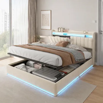 Immagine prodotto di Letto imbottito INONEFT 140x190 con LED, letto per ragazzi, letto singolo, testiera con spazio contenitore e stazione di ricarica, letto a molle con rete a doghe, in velluto, color beige