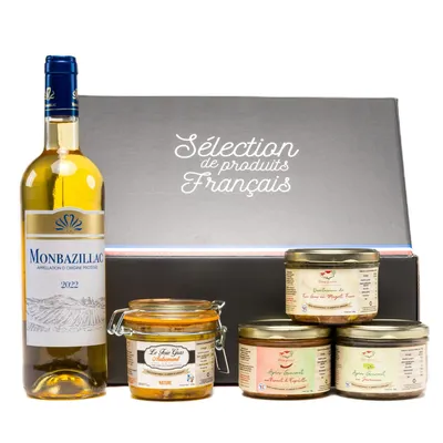 Produktbild von Mendiak Geschenkbox – Foie Gras Nature, Jurançon & Espelette Aufstriche + Quintessence & Monbazillac Wein | Relais Gourmet
