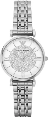 A close-up studio shot of an Emporio Armani watch.