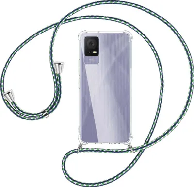 Produktbild von Handykette Backcover-Schutzhülle mit Band (Metall silberfarben) für TCL 405 (T506D, 6.6'') - grün/blau/weiß