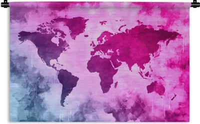 Produktbild von MuchoWow® Wandteppich Wandbehang Weltkarte - Blau - Rosa 60x40 cm Tapisserie Dekoration Wandtuch - Wanddekorationen