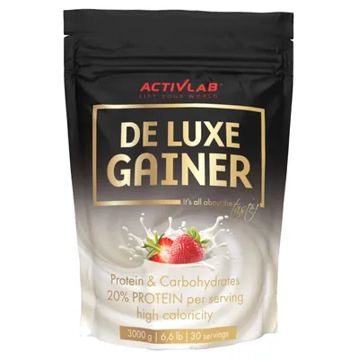 Image de De Luxe Gainer 3000 g – Gainage de masse, saveur fraise, protéine de lactosérum + glucides pour une prise de masse musculaire rapide et une récupération optimale, Activlab