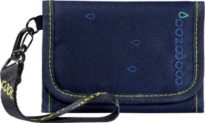 A dark blue wallet with a yellow and blue embroidered logo and a yellow embroidered strap with a black clip.