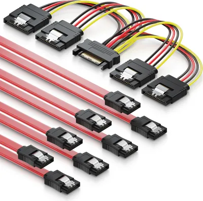 Produktbild von deleyCON SATA Kabel Set 4x SATA III Kabel mit Stecker gerade +  Strom Adapter Kabel - SSD HDD Festplatte