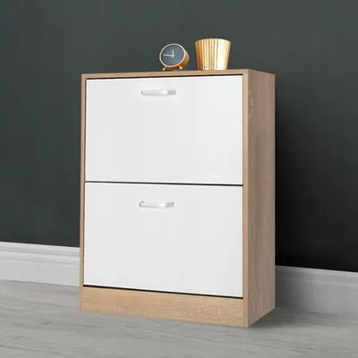 Image de JUMI Meuble à chaussures 2 compartiments commode spacieuse pour couloir bois blanc
