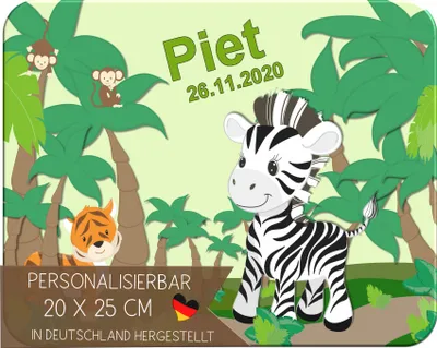 Produktbild von Kinder Frühstücksbrettchen  Safari-Zebra   mit Name personalisiert, Kunststoff, 20x25 cm
