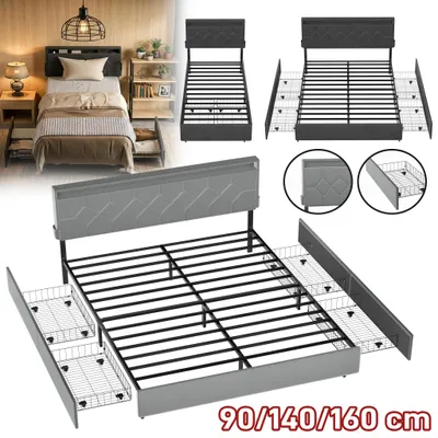 Produktbild von YRHome Modernes Polsterbett 140x200cm Dunkelgrau, komfortables Veloursbett mit Stauraumschubladen für Schlafzimmer
